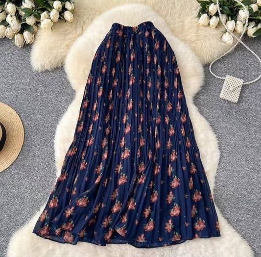 Navy blue floral print pleated maxi skirt