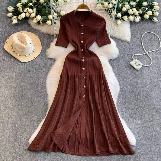 Elegant Button Front Ribbed Knit Polo Maxi Dress