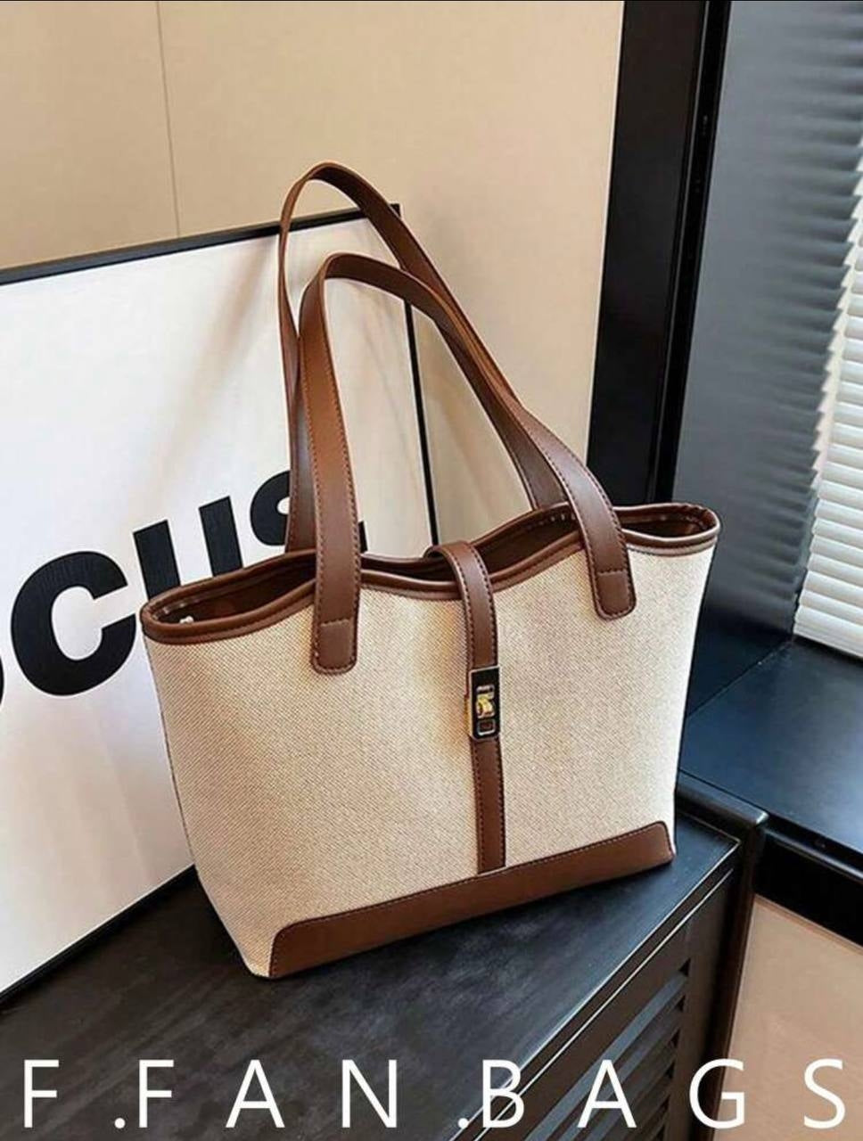 Structured canvas tote bag with contrast leather trim