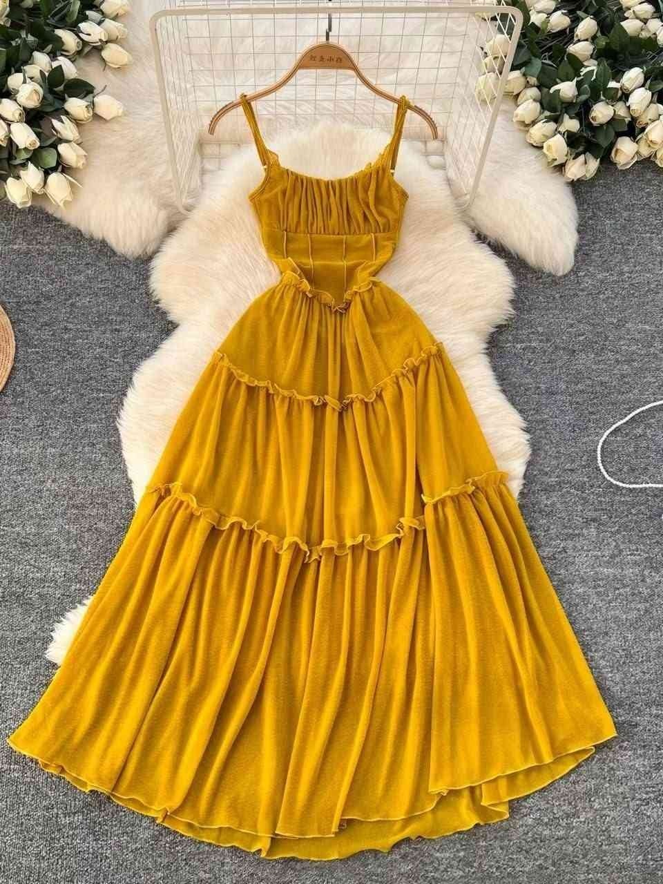Mustard yellow tiered ruffle cami maxi dress