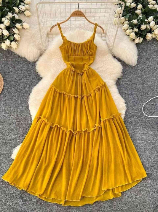 Mustard yellow tiered ruffle cami maxi dress