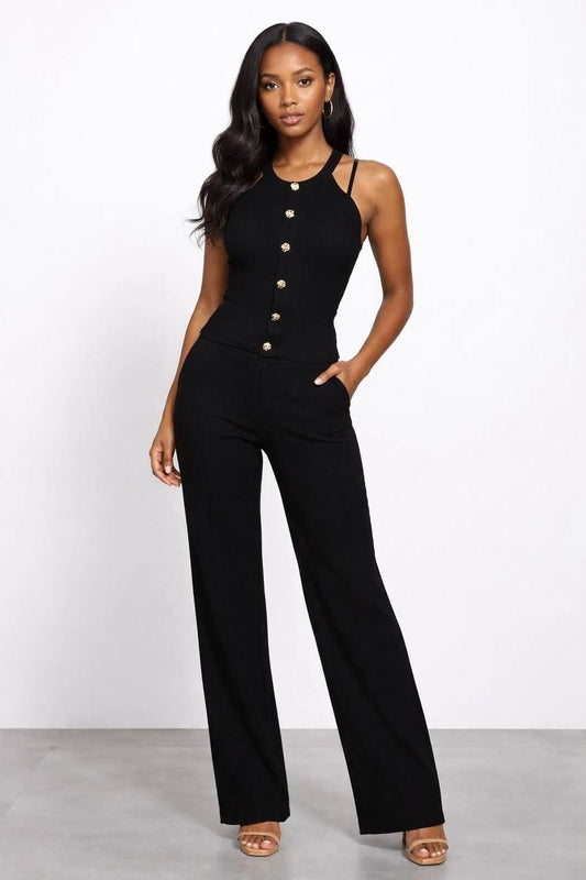 Knit Sleeveless Button-Front Wide-Leg Jumpsuit