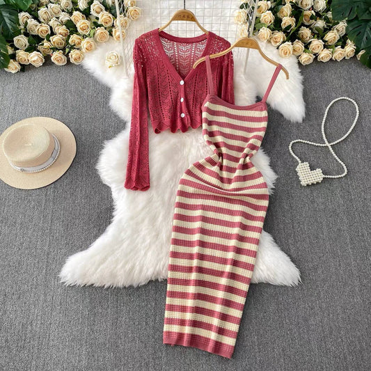 Red crochet cardigan two piece