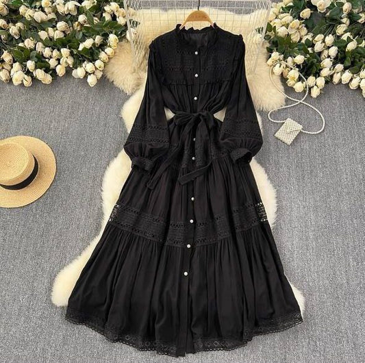 French Vintage Look Sleeve Lace Cut-Out Patchwork A-Line Dress