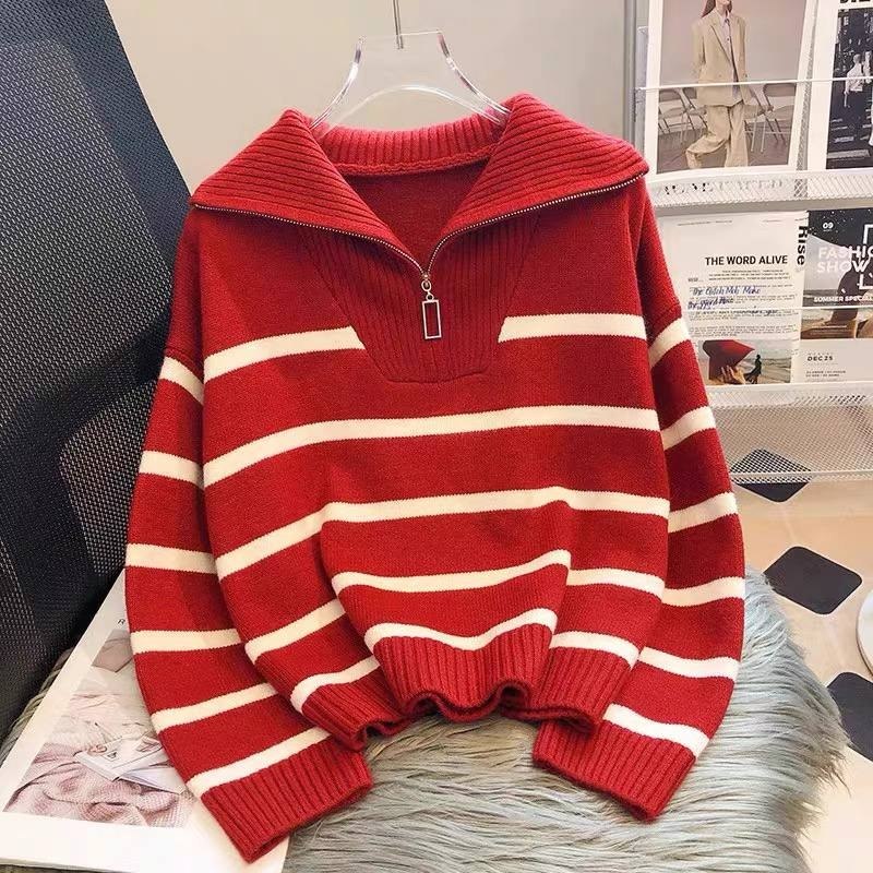 Cozy red and white striped knit sweater