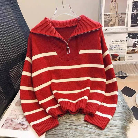 Cozy red and white striped knit sweater