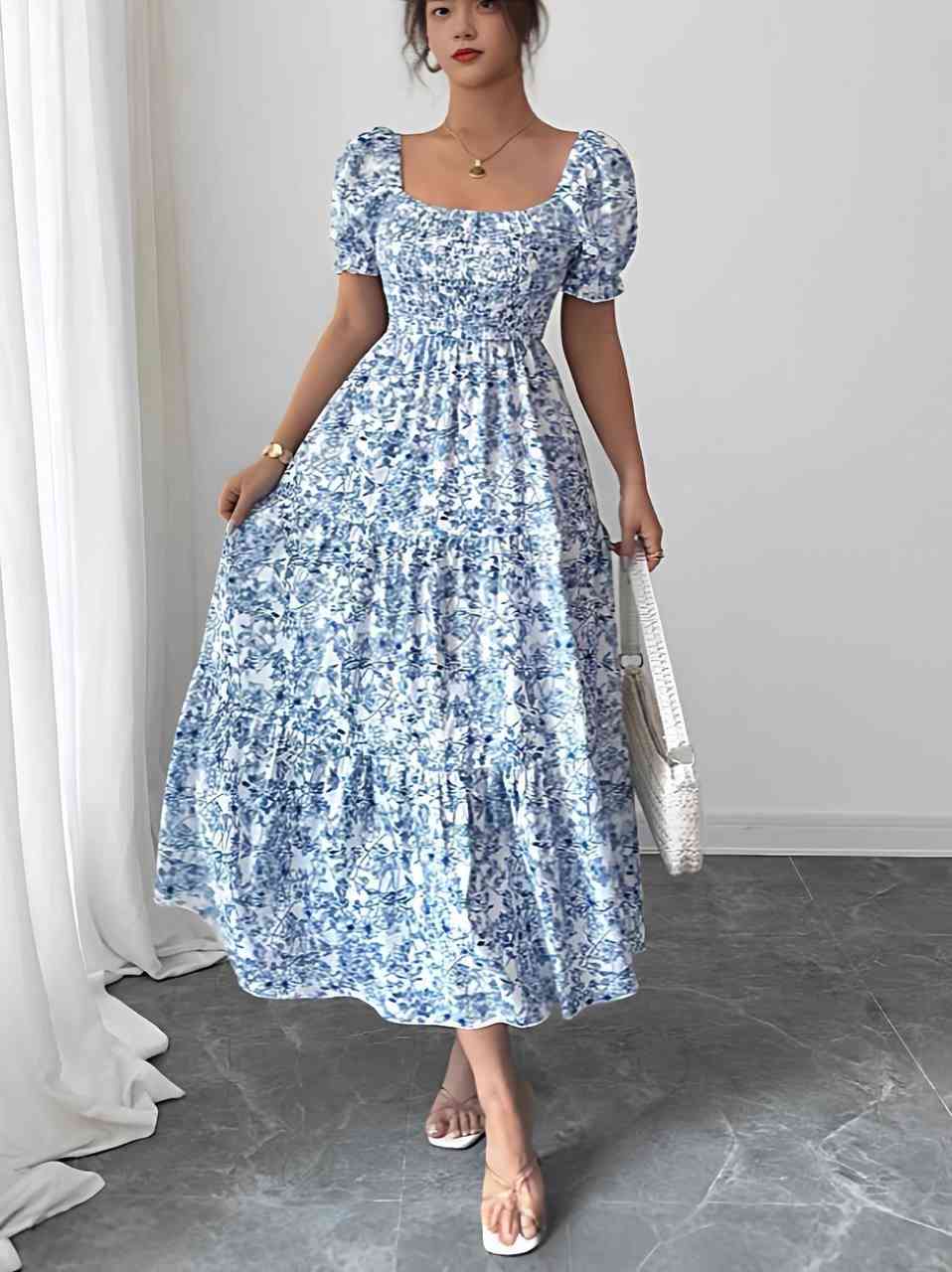 Blue and white floral print maxi dress
