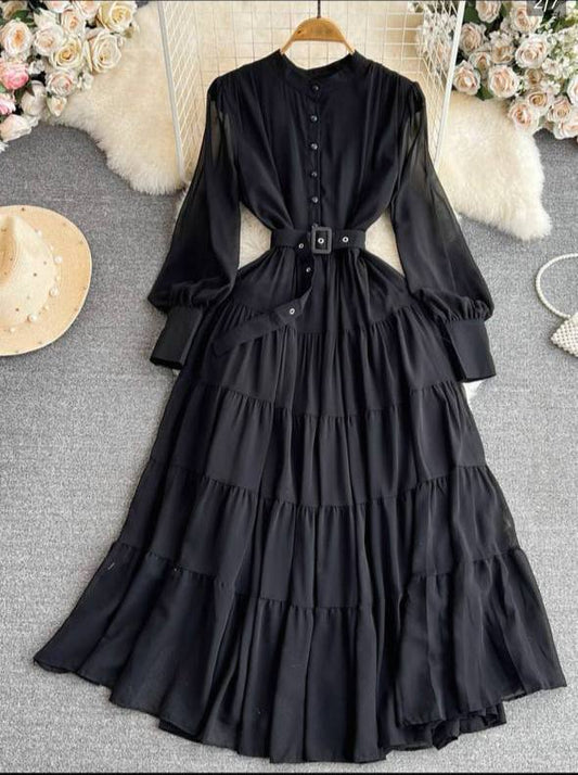 Elegant Tiered Maxi Dress with Long Sleeves and Belt