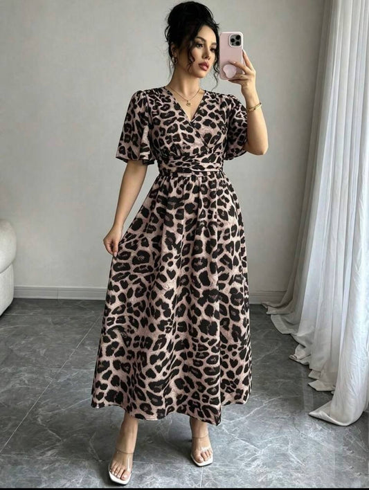 Women's Leopard Print V Neck Dress