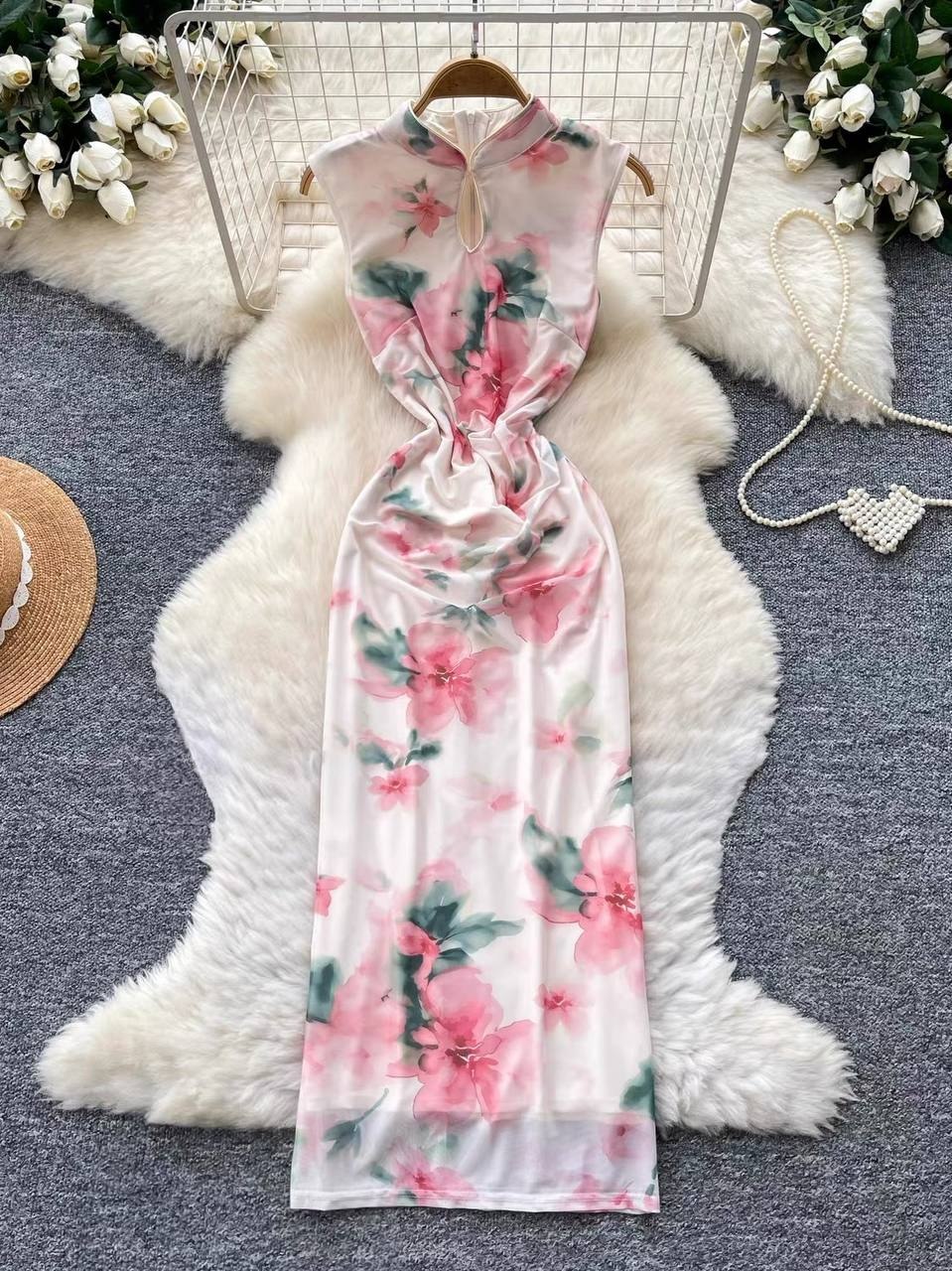 Pink floralnprint mesh cheongsam (qipao) dress