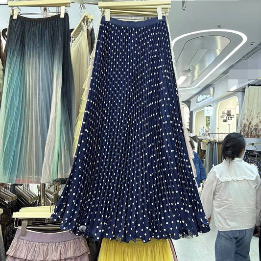 Navy blue pleated maxi skirt with white polka dots