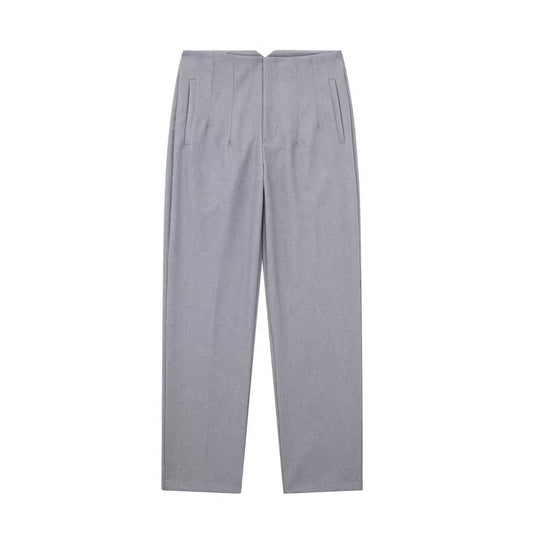 Gray pinstripe high-waisted tailored pants