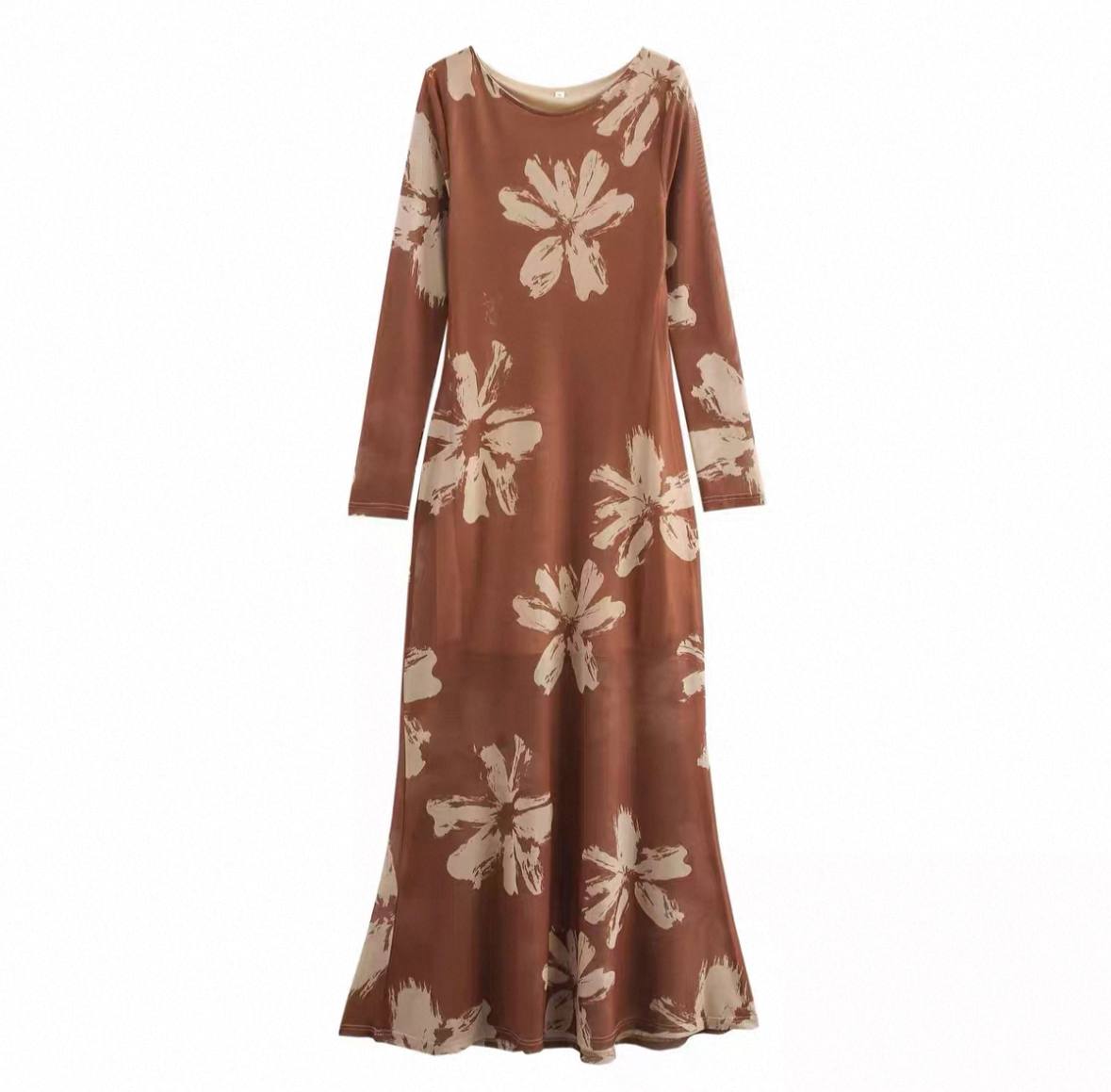 Brown floral print long sleeve mesh maxi dress