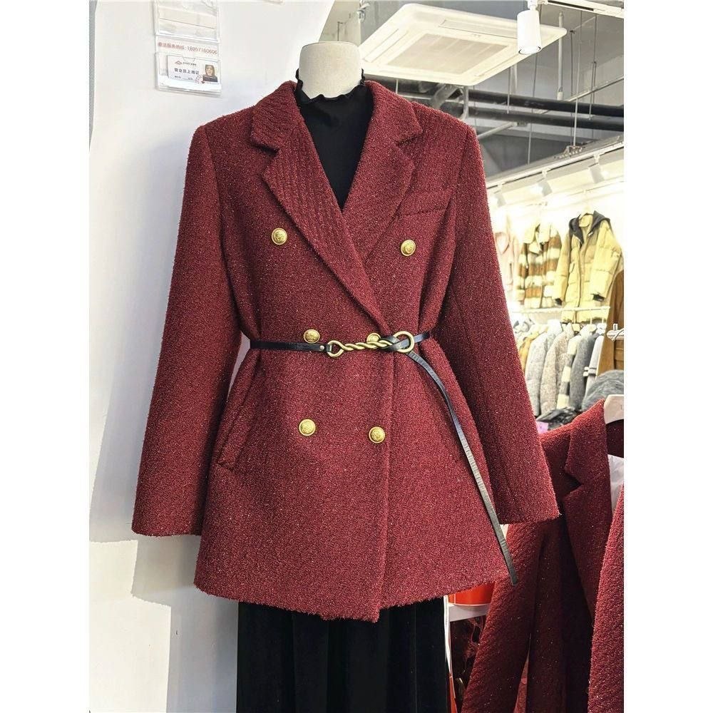 Red tweed double-breasted blazer
