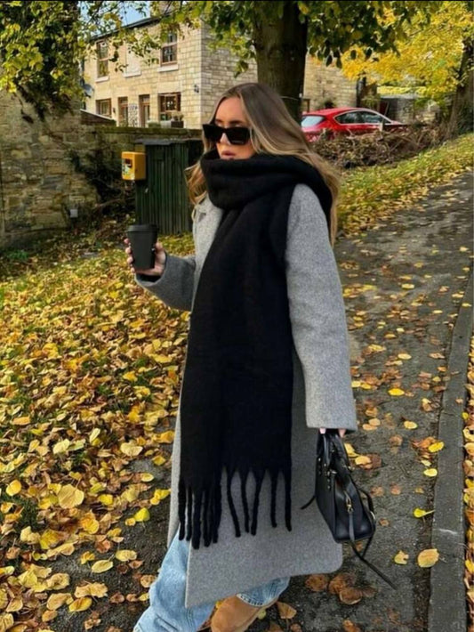 Black oversized fringe-trimmed knit scarf