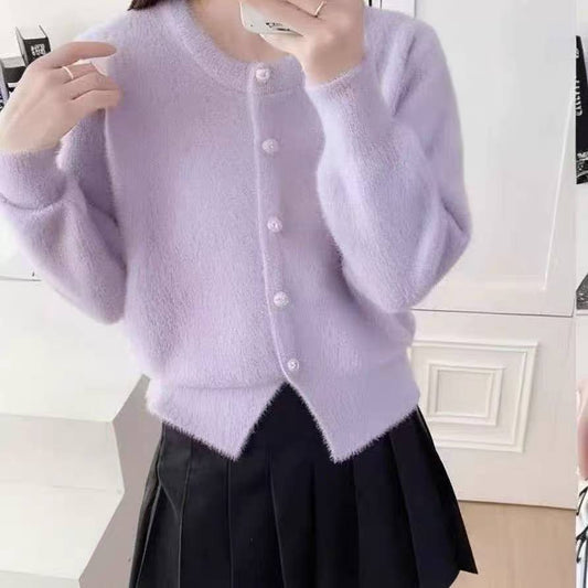 Soft pastel lavender fuzzy cardigan sweater