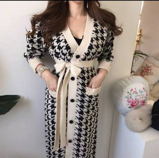 Elegant Houndstooth Cardigan Sweate