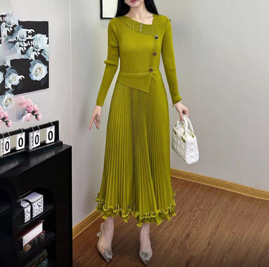 Ribbed Knit Pleated green dress with Asymmetrical Neckline