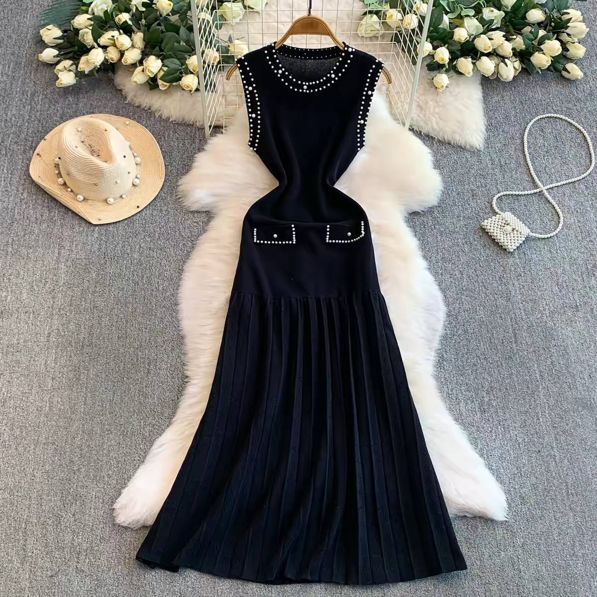 Pearl embellished sleeveless knitted midi dress