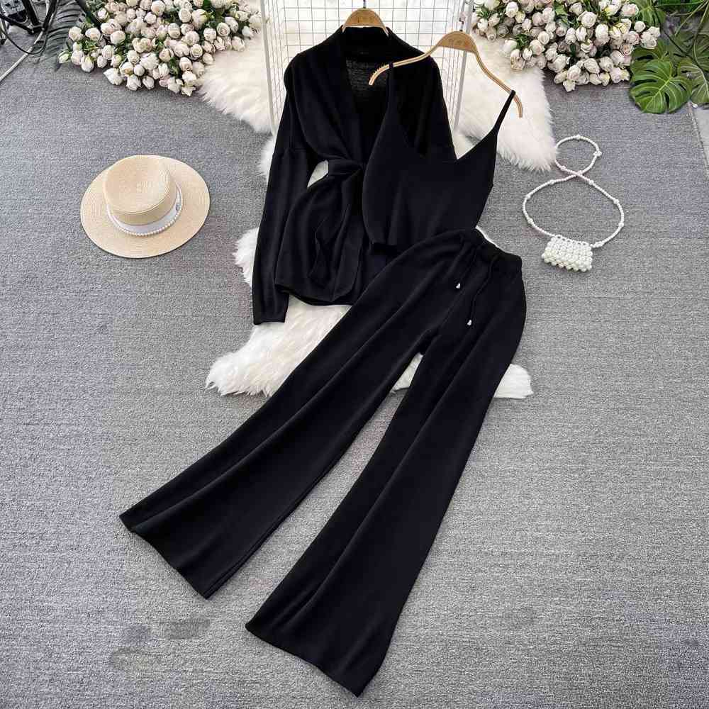 Black three-piece ribbed knit lounge set