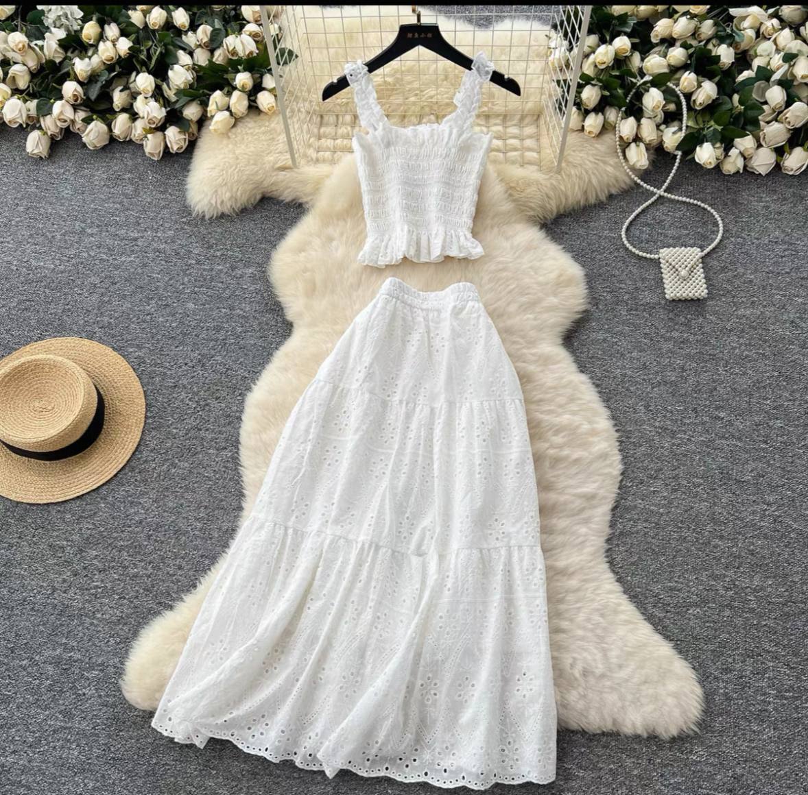 White eyelet two-piece outfit