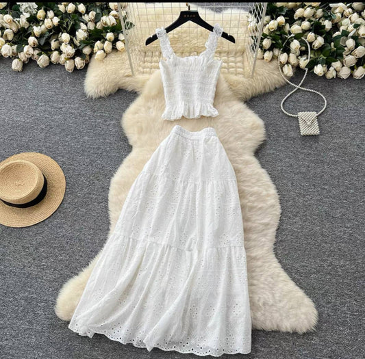 White eyelet two-piece outfit