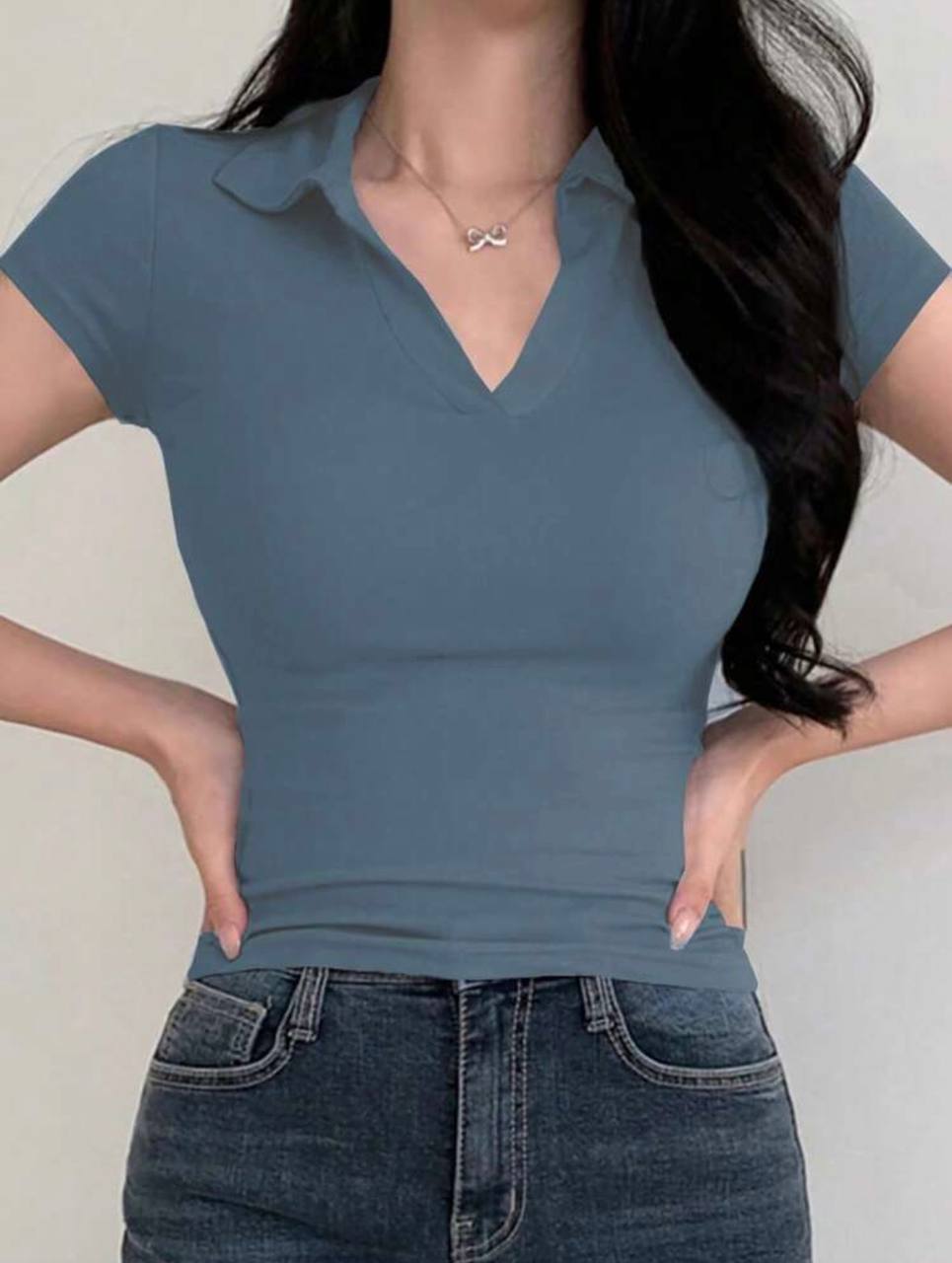 Blue short sleeve rib knit polo top