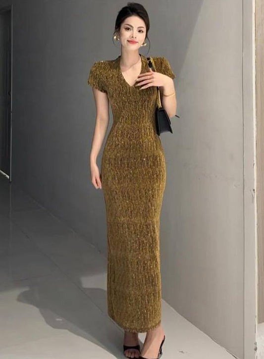 Gold textured bodycon maxi dress