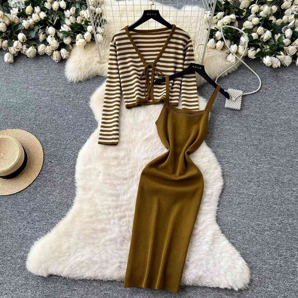 Olive green ribbed knit two-piece set