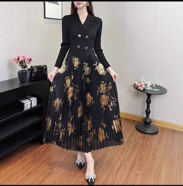 Ribbed Knit Pleated black dress with Asymmetrical Neckline