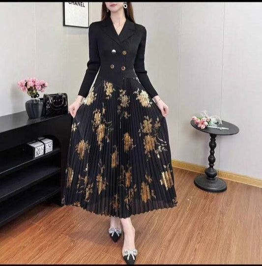 Ribbed Knit Pleated black dress with Asymmetrical Neckline