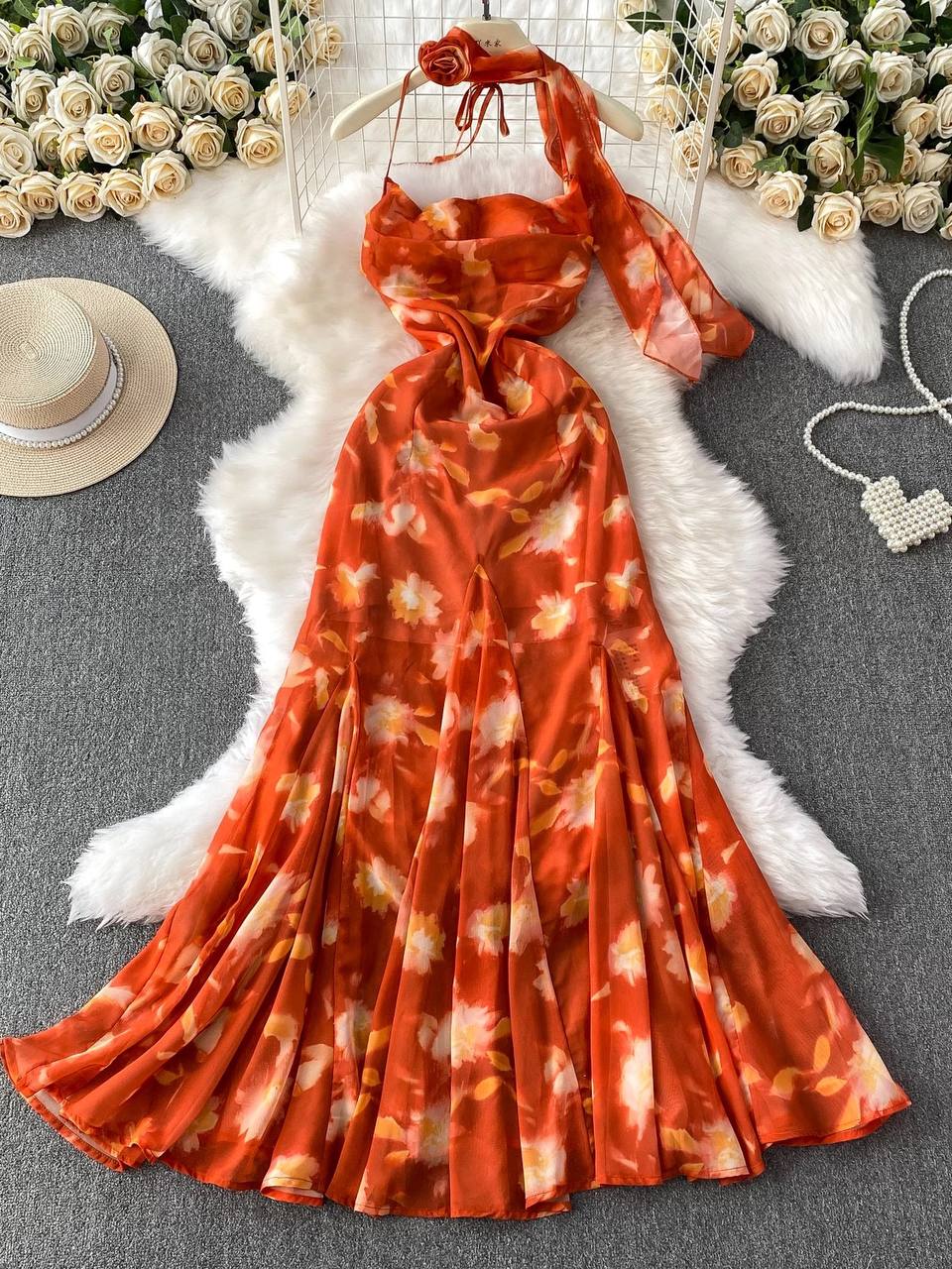 Halter neck floral print maxi dress
