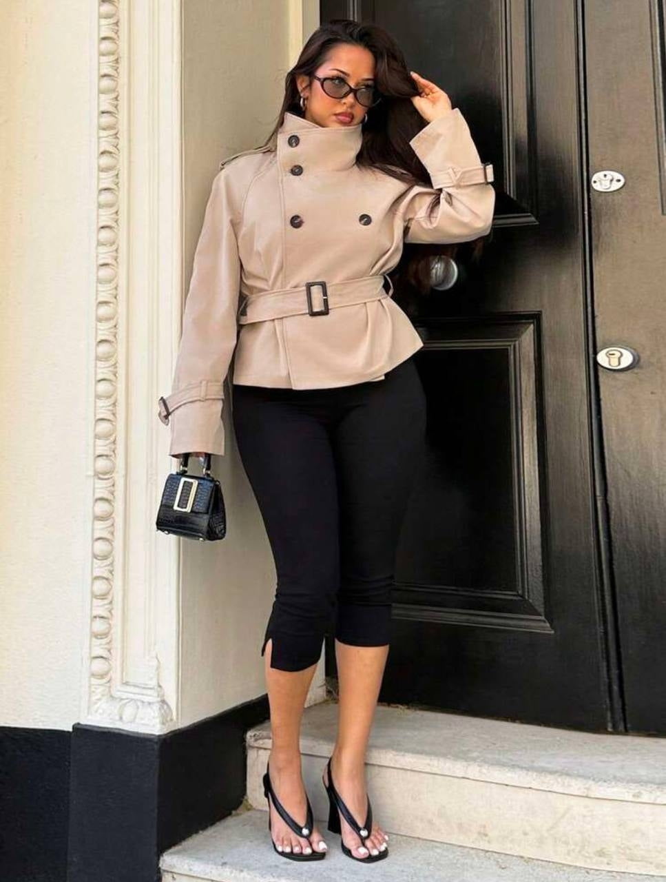 Cropped high-collar double-breasted trench coat