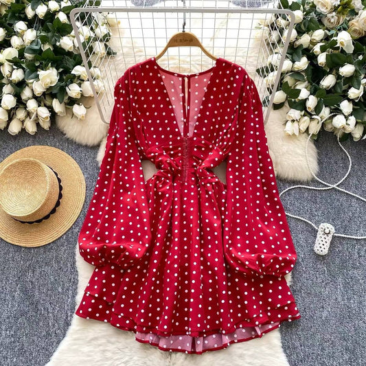 Vintage French-style red mini dress with white polka dots