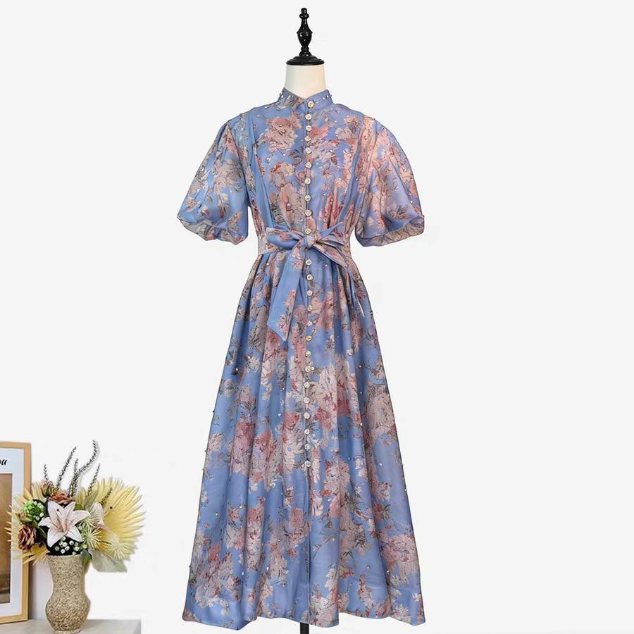 Vintage inspired blue floral organza midi dress