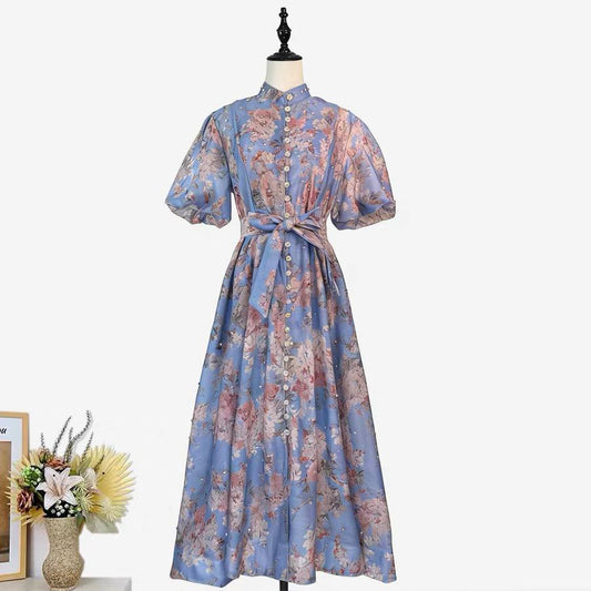 Vintage inspired blue floral organza midi dress