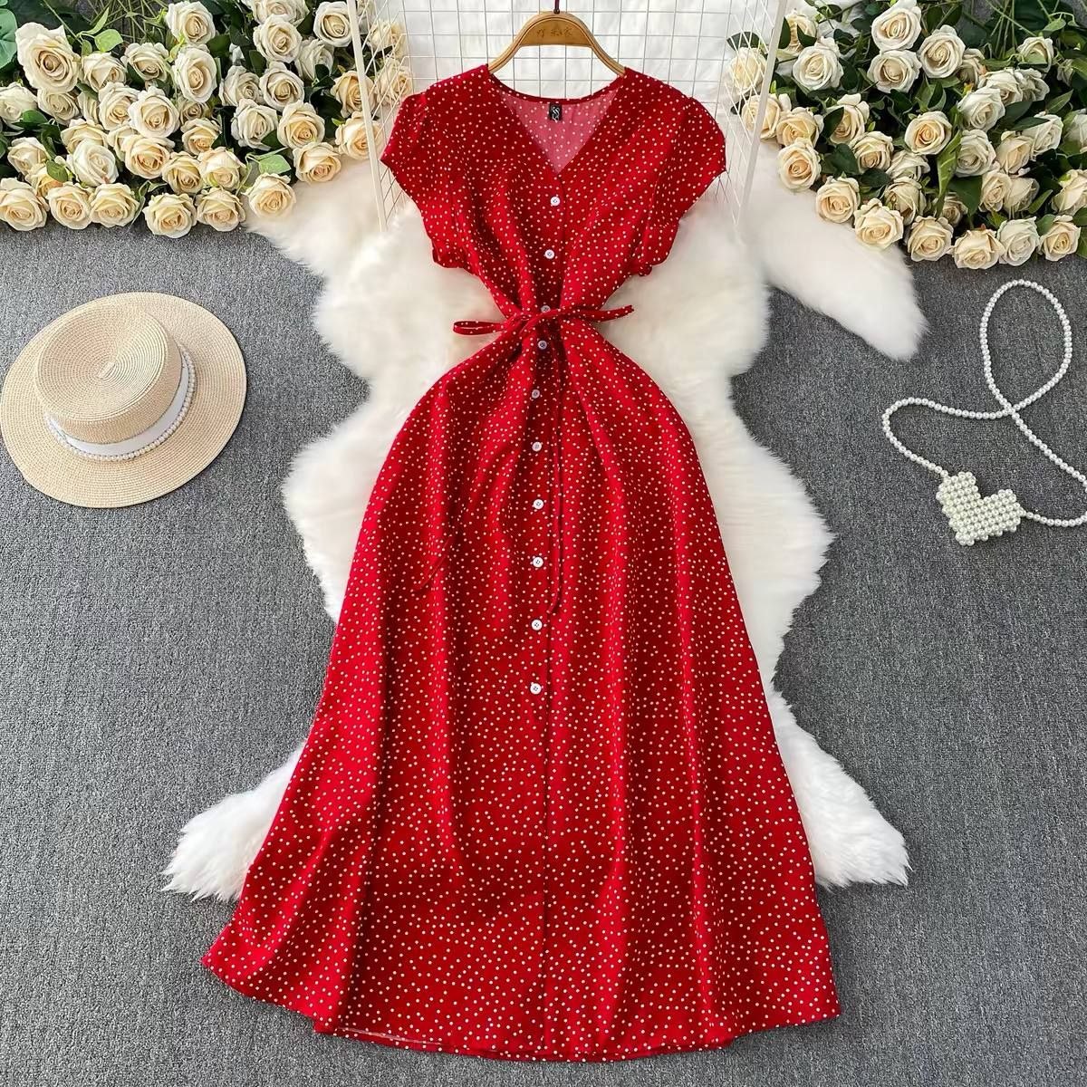 Vibrant red French style midi dress