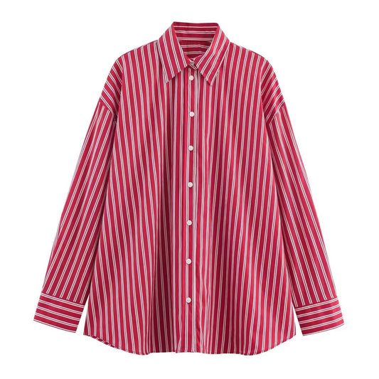 Long-sleeved shirt features a bold red and white vertical stripe pattern