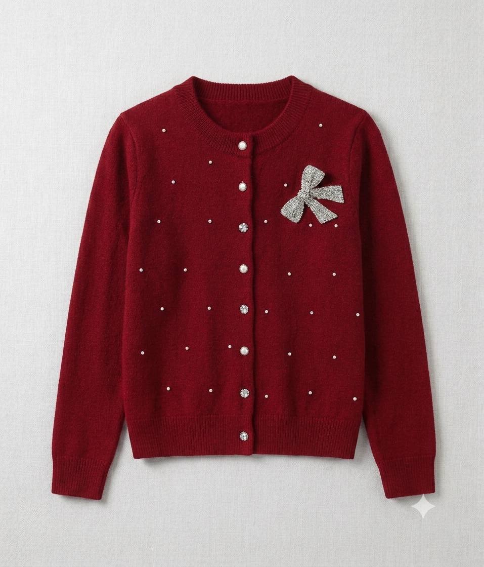 Red embellished knit cardigan