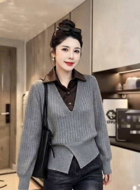 Cozy gray ribbed knit V-neck sweater