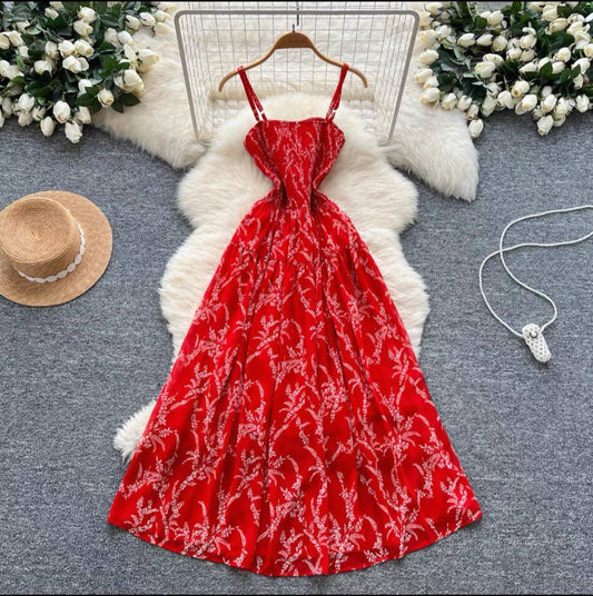 Red Floral Spaghetti Strap Dress