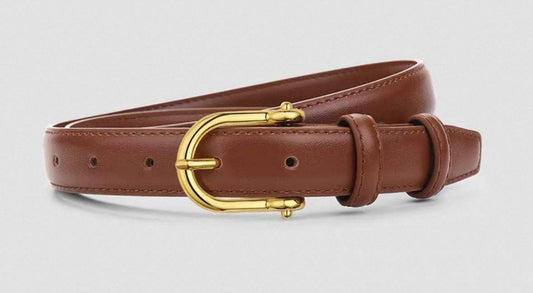 Brown leather belt features a classic