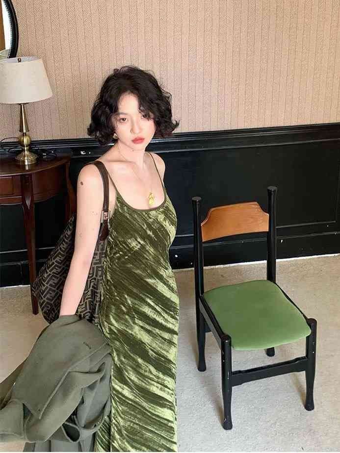 Olive green crushed velvet slip dress