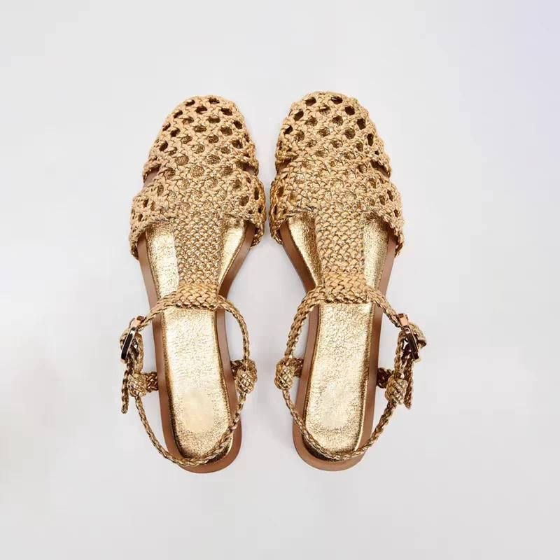 Zara Metallic Woven Cage Flat Sandals