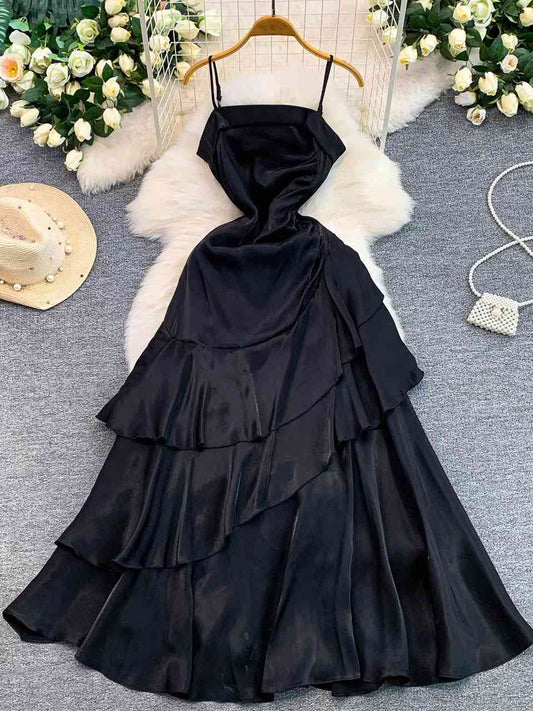 Black satin tiered ruffle maxi dress