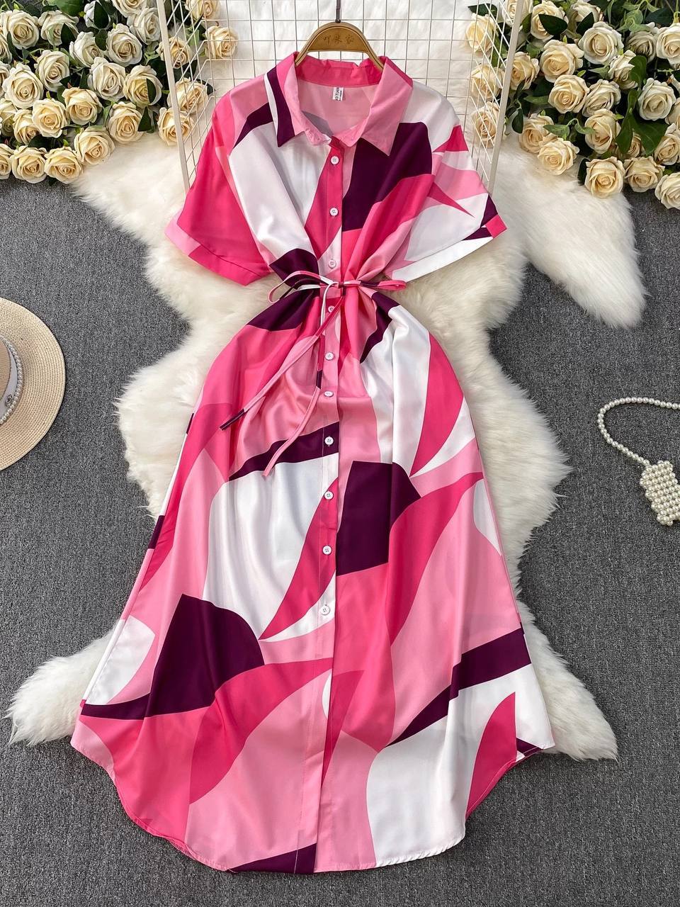 Short-sleeve belted midi shirt dress