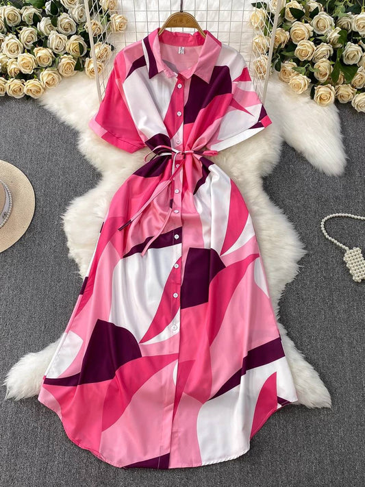 Short-sleeve belted midi shirt dress