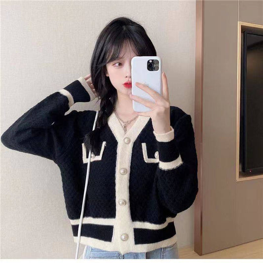 French retro style monochrome knit cardigan