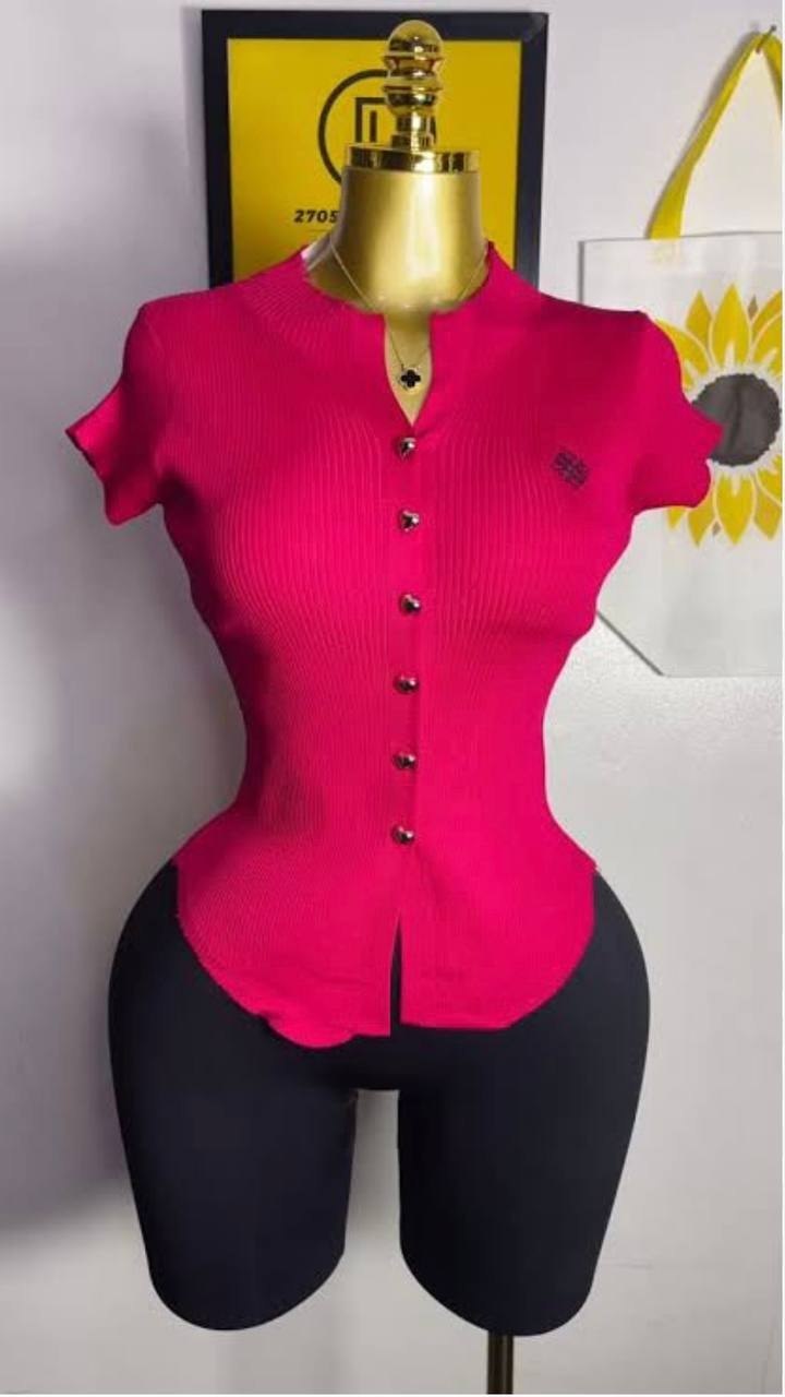 Fuchsia pink short-sleeve ribbed knit button-up top