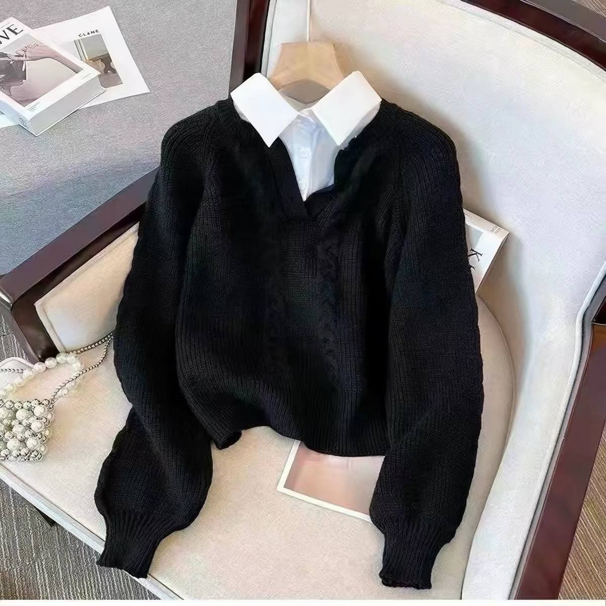 Black 2-in-1 layered cable-knit sweater